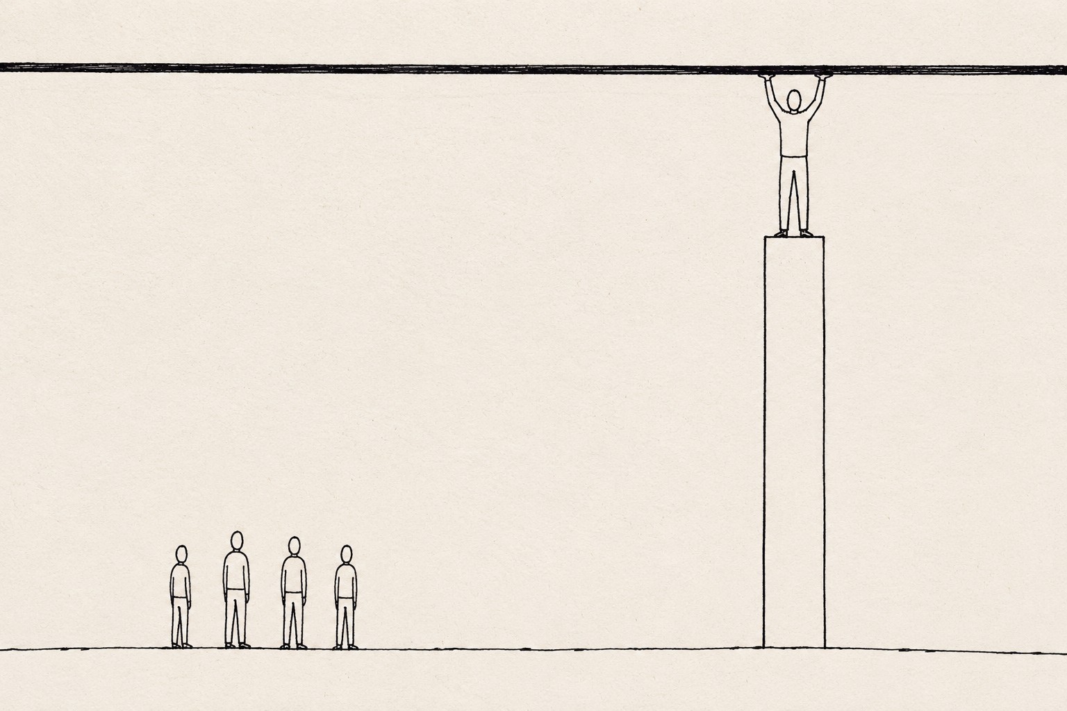Line drawing: one figure stands alone on a tall pedestal holding up a low ceiling, while four people stand far below on open ground with no ladder between them