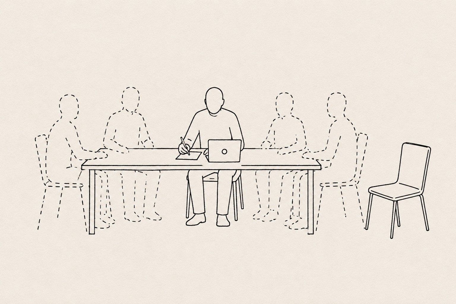 Line drawing: one solid figure works at a desk surrounded by four dashed-outline figures, with a single empty chair set apart from the table
